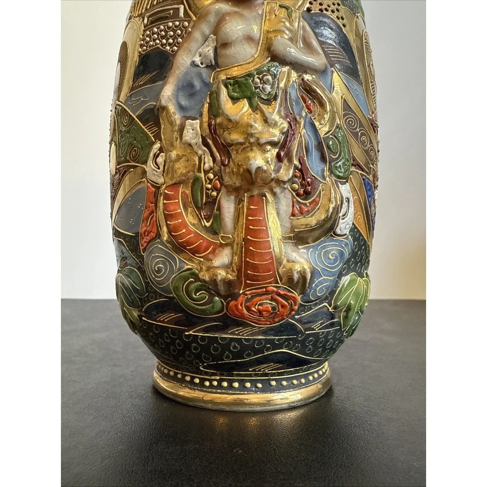 Antique Japanese Intricate Raised Enamel Moriage Satsuma Vase 6 Immortals Dragon